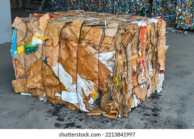 Block Of Pressed Cardboard Boxes In Litter Processing Plant