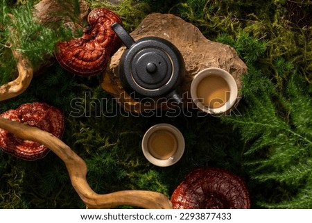 A block of stone with an earthen teapot and a tea cup placed on. Natural medicine content. Lingzhi mushroom (Ganoderma Lucidum) can help enhance immune function