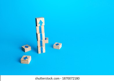 Block Tower With Arrows. Business Growth And Development Concept. Achieve Success. Building Career Advancement, Improving Skills. Goal Achievement. Progress And Movement Forward. Self Improvement