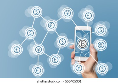 Blockchain and bitcoin technology and mobile computing concept on blue background