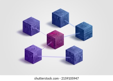 Blockchain blocks with nodes network concept. Connection and communication between blockchain blocks