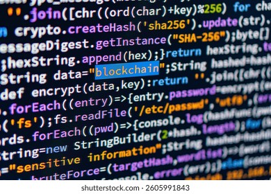 Blockchain. Close-up image of C code highlighting BLOCKCHAIN, likely in an office setting, focusing on blockchain technology within the code context