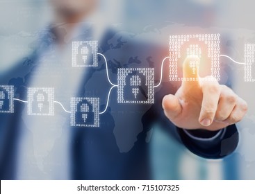 Blockchain cryptocurrency financial technology concept with binary code blocks linked and person touching interface, fintech