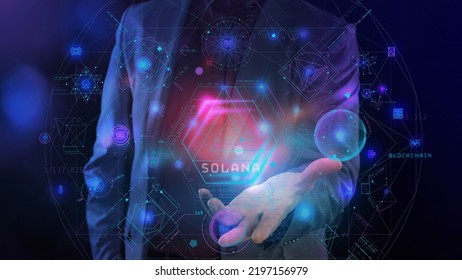 Blockchain and cryptocurrency virtual infographics on a man's palm