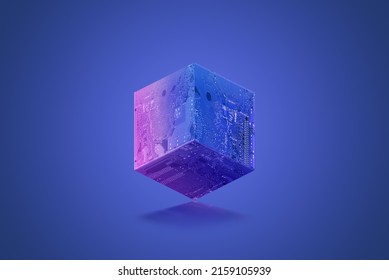 Blockchain cube or block with electronic board textures on a blue-purple background