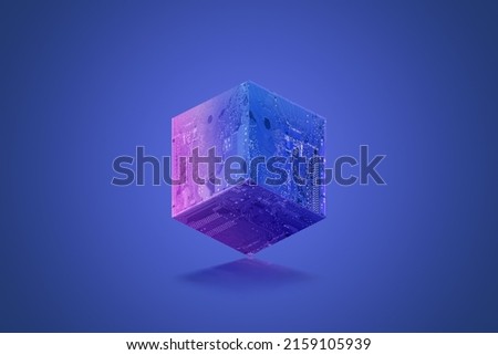 Blockchain cube or block with electronic board textures on a blue-purple background