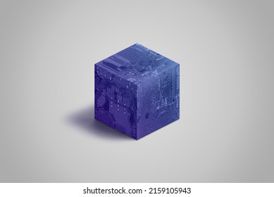 Blockchain Cube With Electronic Circuit Board Texture Concept. Blue Block Containing Hash And Data