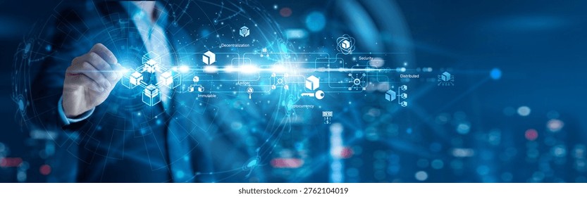 Blockchain developer drawing network connection and decentralized ledgers for blockchain solutions, ensuring transparency, secure transactions, and global networking via distributed networks.