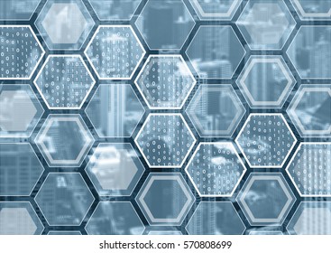 Blockchain Or Digitization Blue And Grey Background With Hexagonal Shaped Pattern