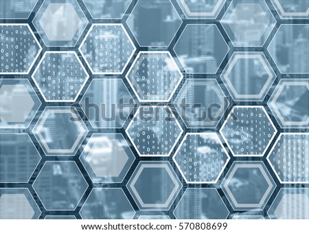 Blockchain or digitization blue and grey background with hexagonal shaped pattern