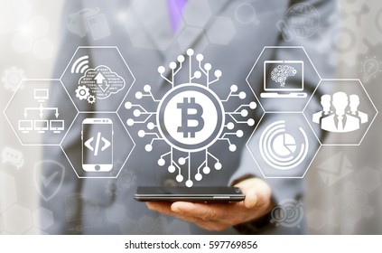 Blockchain Finance Web Money Business Concept. Man Offer Smartphone With Bitcoin Microcircuit Icon On Virtual Financial Screen. Internet Cryptocurrency Block Chain Production And Generation Technology