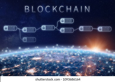 Blockchain financial technology concept with network of encrypted chain of transaction block linked around planet Earth, cryptocurrency ledger (Bitcoin), secured economy (fintech), elements from NASA