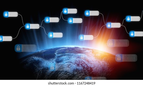 Blockchain financial technology concept with network of encrypted chain of transaction block linked around planet Earth, cryptocurrency ledger (Bitcoin), secured economy (fintech), elements from NASA