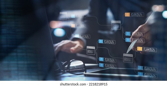 Blockchain financial technology to secure cryptocurrencies for online payment and digital transaction. FinTech concept with encrypted ledger block chain. Man working on computer and block encryption - Shutterstock ID 2218218915