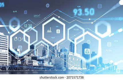 Blockchain hud with numbers and lines, glowing blocks on background of city view in New York. Concept of cryptocurrency and e-business in financial company