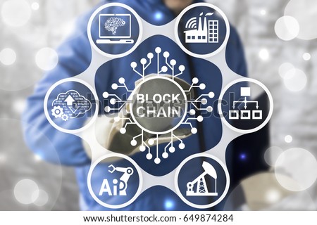Blockchain Industrial Strategy Concept. Block Chain Industry 4.0 Technology. Worker touched blockchain microchip (circuit) icon on virtual screen. IT structure integration in manufacture.