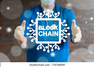 Blockchain Medicine Information Technology. Doctor using virtual interface offers semiconductor (circuit board) blockchain text icon. Block Chain Health Care concept.