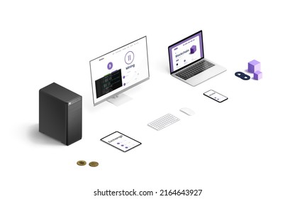 Blockchain mining concept with computer, laptop, tablet and smart phone. Devices perform cryptocurrency mining, wallet and exchange operations. Blockchain isometric illustration