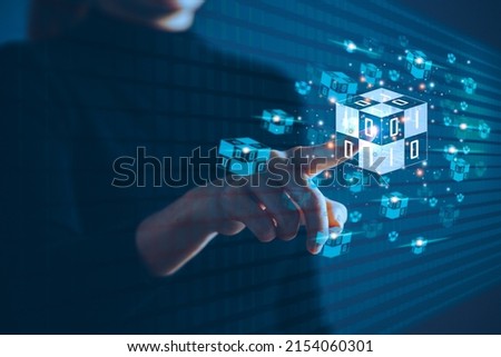 Blockchain network connecting. Hand touching block chain connection financial technology virtual reality.