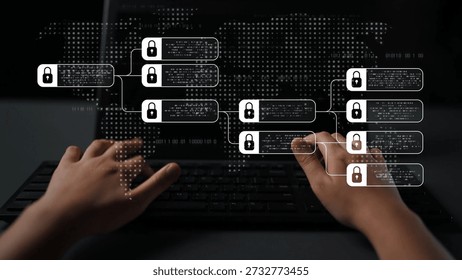 Blockchain structure showing distributed data blocks linked with encryption, representing secure transaction verification, decentralized control, and immutable record system Marrow