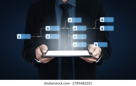 Blockchain structure showing distributed data blocks linked with encryption, representing secure transaction verification, decentralized control, and immutable record system Vouch