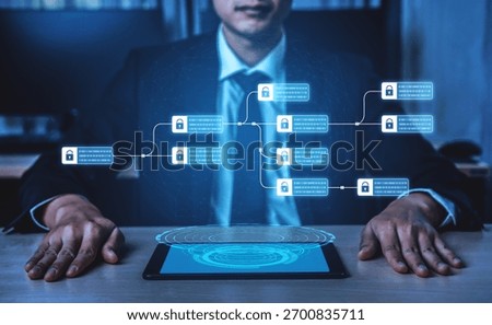 Blockchain structure showing distributed data blocks linked with encryption, representing secure transaction verification, decentralized control, and immutable record system Vouch
