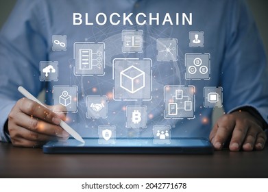 Blockchain system technology concept on a virtual screen in infographic icon, cryptocurrency, diagram, distribution, block, miner, Distribution, Ledger, and Transaction.