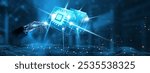 Blockchain Technology: Businessman mechanical robotic hand touching blockchain technology network technology on interface. Decentralization, security, transparency, innovation, concept.