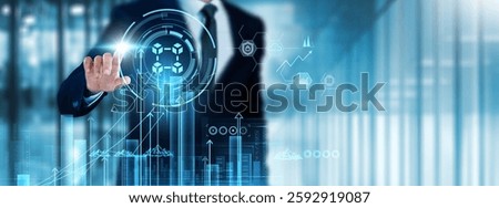 Blockchain Technology: Businessman touch blockchain technology analyzing graph transparency, security, decentralization, smart contracts, efficiency, data integrity, peer-to-peer transactions, trust.