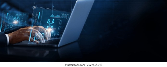 Blockchain Technology: Businessman using laptop and analyzing blockchain information on futuristic virtual interface screen, decentralization, security, smart contracts, transparency, digital ledger.
