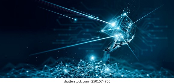 Blockchain technology concept, AI, Hand of robot hold a abstract blockchain global networking, Data network connect of ai, Internet security binary coded. Encrypted block and crypto chain.