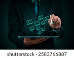Blockchain technology concept, businessman using digital ledger, decentralized network, smart contracts, crypto transactions, secure data exchange, financial innovation, futuristic fintech.