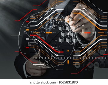 Blockchain technology concept with a chain of encrypted blocks.businessman working with laptop computer with fintech, financial cryptocurrency such as bitcoin