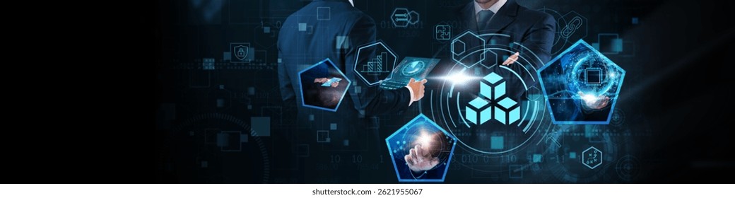 Blockchain Technology Concept: Decentralization, transparency, security, digital ledger, smart contracts, cryptocurrency, and data integrity on global business network.
