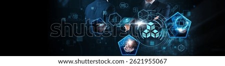 Blockchain Technology Concept: Decentralization, transparency, security, digital ledger, smart contracts, cryptocurrency, and data integrity on global business network.