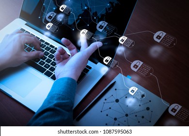 Blockchain technology concept with diagram of chain and encrypted blocks.  Double exposure of businessman hand working with new modern computer and business strategy and social media diagram.