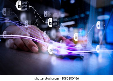 Blockchain technology concept with diagram of chain and encrypted blocks. Waves of blue light and businessman using on smartphone as concept - Shutterstock ID 1090100486