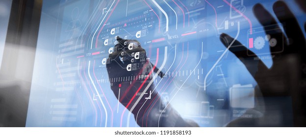 Blockchain technology concept with diagram of chain and encrypted blocks.businessman hand using tablet computer and server room background