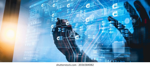 Blockchain technology concept with diagram of chain and encrypted blocks.businessman working with digital tablet computer and server room.