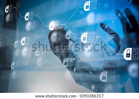 Blockchain technology concept with diagram of chain and encrypted blocks. businessman hand working with modern technology and digital layer effect as business strategy concept