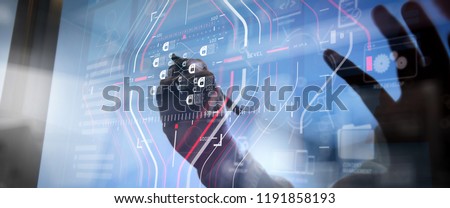 Blockchain technology concept with diagram of chain and encrypted blocks.businessman hand using tablet computer and server room background