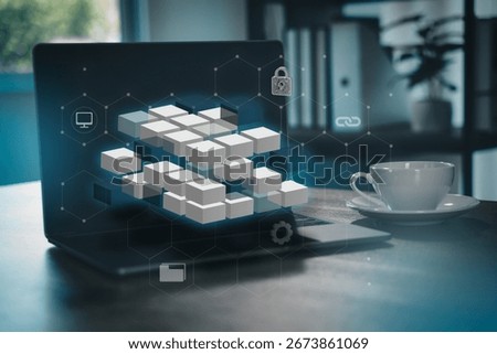 Blockchain technology concept with digital cubes and cybersecurity icons on laptop screen, symbolizing data protection, digital ledger, cryptocurrency, and secure transactions.