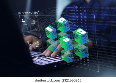 Blockchain technology concept with virtual screen of chain and encrypted blocks. close up of business man hand working on laptop computer with online multi media binary diagram on working desk
