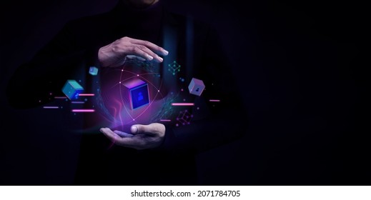 Blockchain Technology Concepts. Businessman Levitating a Digital and Futuristic Graphic to Connecting People and Global Business. - Shutterstock ID 2071784705