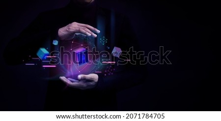Blockchain Technology Concepts. Businessman Levitating a Digital and Futuristic Graphic to Connecting People and Global Business.