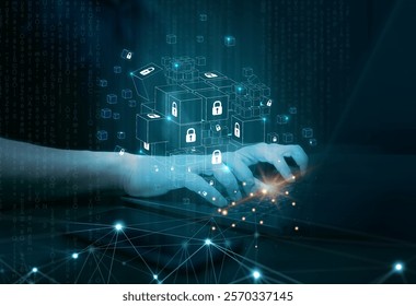 Blockchain Technology and cyber security Concept. A man is using a laptop to access blockchain technology for secure decentralized transactions and immutable digital data management.