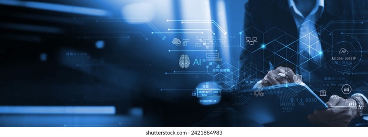 Blockchain technology, data encryption. Businessman using digital tablet with AI blockchain technology and data science, cloud computing, database management, innovative technology background