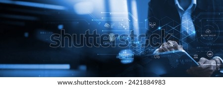 Blockchain technology, data encryption. Businessman using digital tablet with AI blockchain technology and data science, cloud computing, database management, innovative technology background
