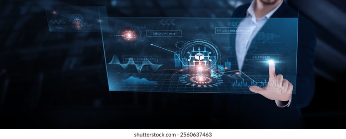 Blockchain Technology: Decentralization, security, smart contracts, digital ledger, cryptocurrency, transparency, immutability. Businessman analyzing blockchain progress chart on digital interface.