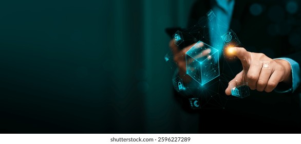 Blockchain technology and decentralized finance concept with a businessman interacting with a futuristic digital network, symbolizing cryptocurrency, fintech, security, and data transactions